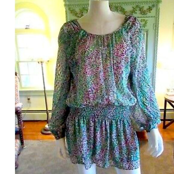 BCBGMaxAzria Split Sleeve Stunning Green Purple Watercolor Silk Tunic XS - Picture 1 of 16